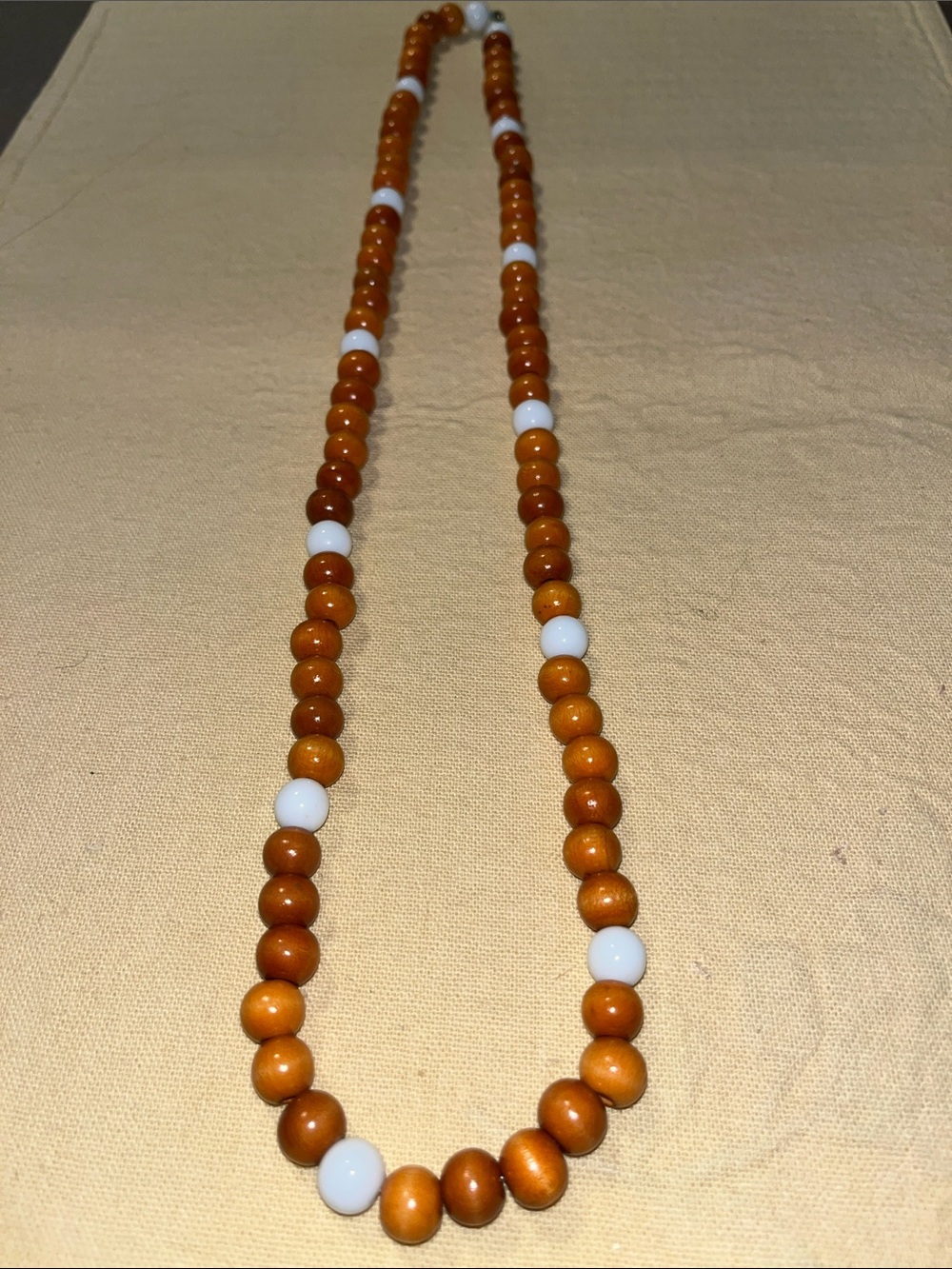 Tan and White Beaded Necklace 15” fully clasped - wood beads